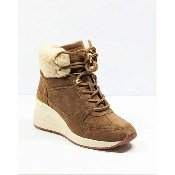 Michael Kors Women's Liv Wedge Booties Dark Caramel Suede Size 9.5 M (MSRP $250) - Picture 2 of 9